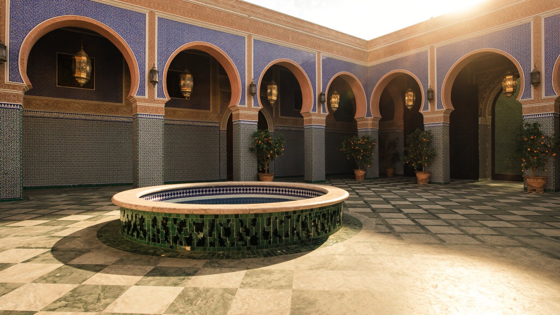 Riad courtyard with a zellige fountain and brass lanterns